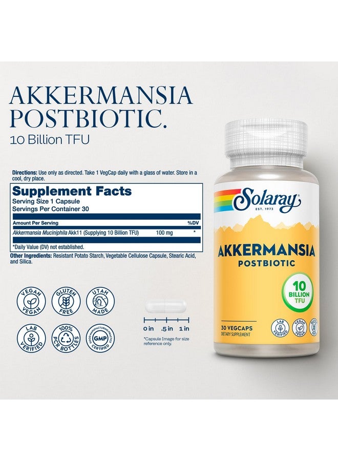 SOLARAY Akkermansia Postbiotic, Akk11, 10 Billion TFU, Beneficial Strain for Gut Health Support, Vegan, Gluten-Free, 60-Day Guarantee, 30 Servings, 30 VegCaps