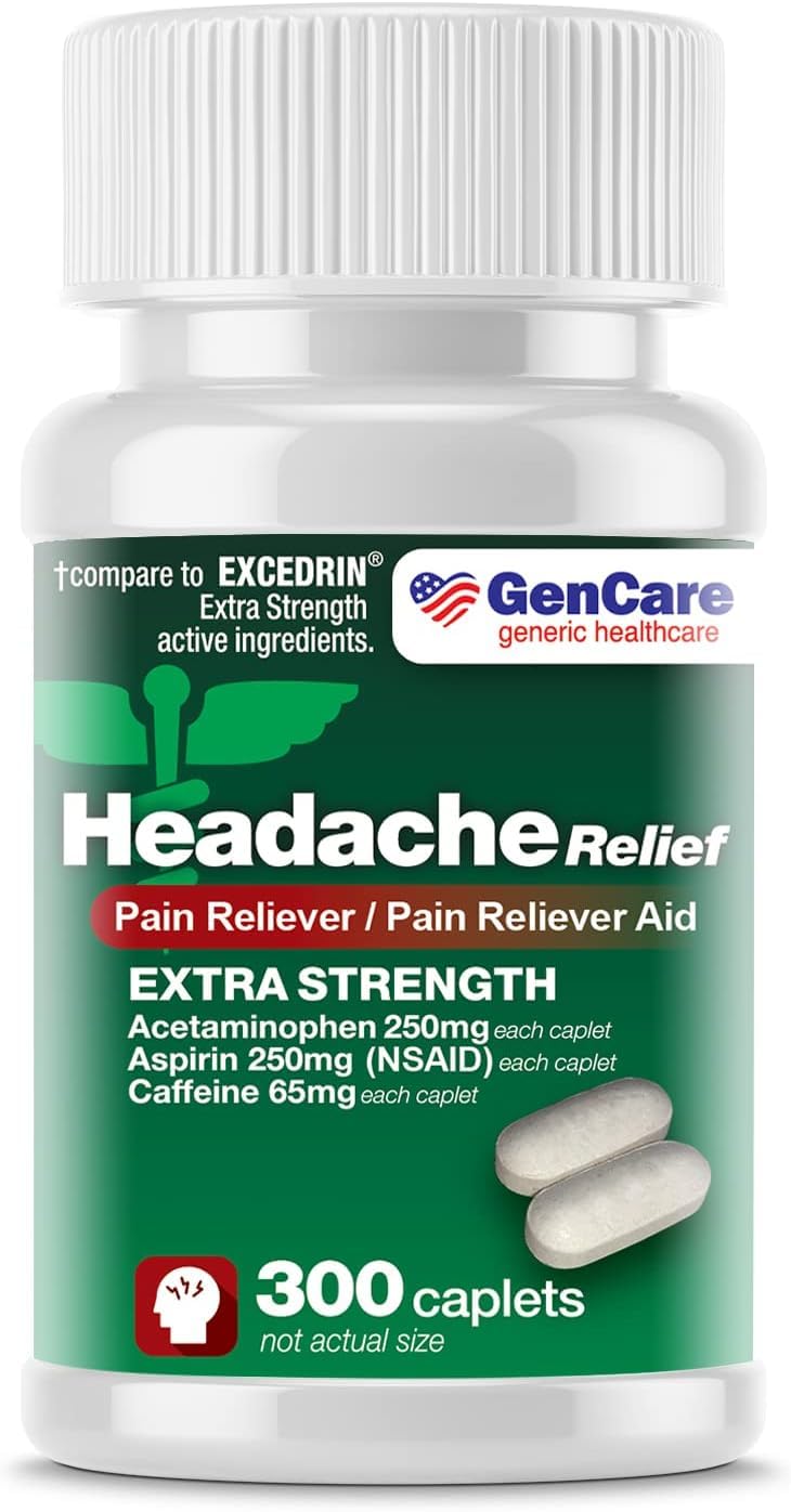 GenCare جين كير - مسكن صداع أسيتامينوفين مع أسبرين (NSAID) وكافيين (300 قرص) حزمة قيمة | ألم الرأس، آلام العضلات، آلام الظهر والجسم | إكسيدرين جنريك قوي إضافي - Image 1