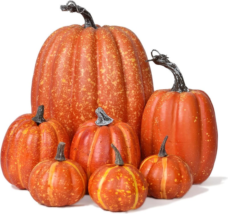 Lvydec Artificial Pumpkins Set Harvest Decoration, 7pcs Assorted Size Orange Pumpkins Realistic Large Pumpkins for Halloween Thanksgiving Autumn Festive Party Supplies (Orange) - Image 1