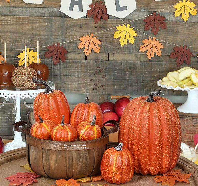 Lvydec Artificial Pumpkins Set Harvest Decoration, 7pcs Assorted Size Orange Pumpkins Realistic Large Pumpkins for Halloween Thanksgiving Autumn Festive Party Supplies (Orange) - Image 2