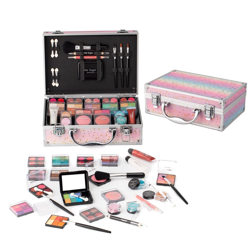 Hot Sugar Makeup Kit for Teenager Girls  Full Starter Cosmetics Set with Eye Shadow Lip Balm Blush Lip Gloss Brush Lip Pencil Eye Pencil and Mirror Rainbow