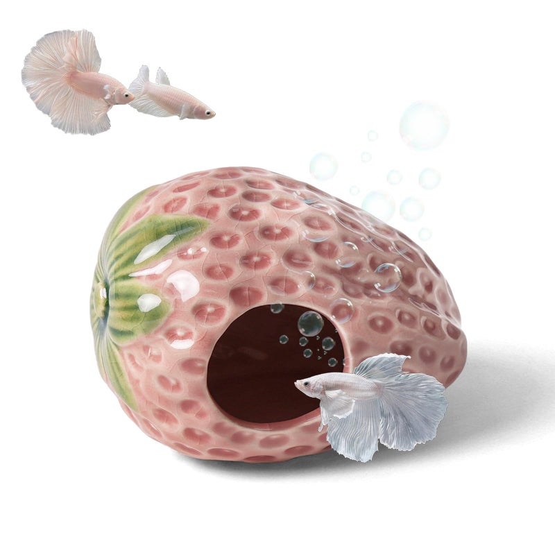 Deapeey Aquarium Decor Cave Betta Fish Aquarium Accessories Ornaments Hiding Cave Strawberry House Hideout for Shrimp Cichlid Hermit Crab, Octopus Hiding Breeding for Tank (Pink) - Image 1