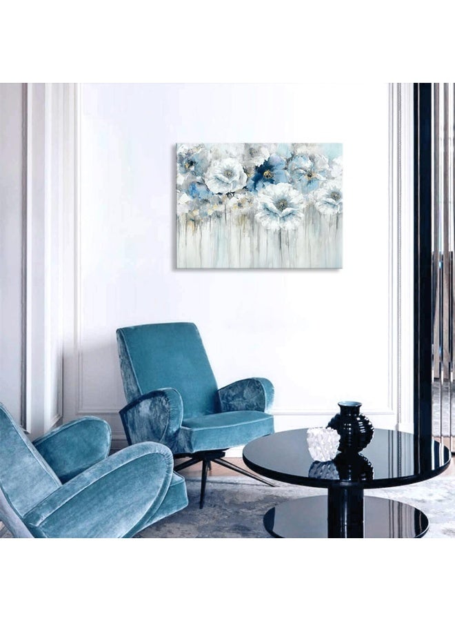 Woxfcart Abstract Flower Pictures Decor Wall Art - White Floral Canvas Print with Gold for Blue Bedroom Bathroom, Framed Size 32x24 - Image 4