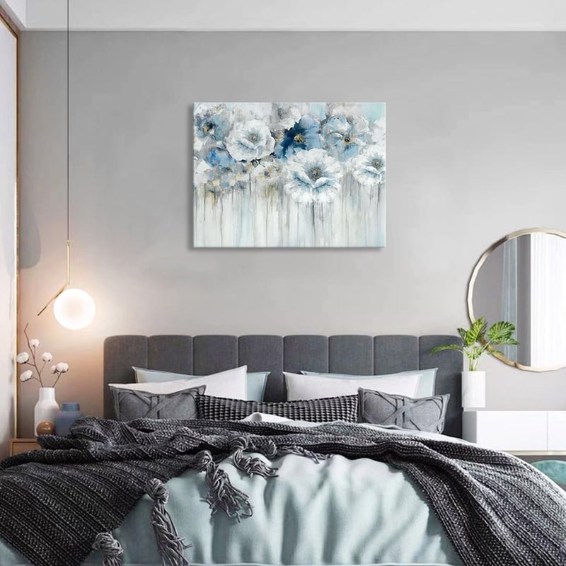 Woxfcart Abstract Flower Pictures Decor Wall Art - White Floral Canvas Print with Gold for Blue Bedroom Bathroom, Framed Size 32x24 - Image 3