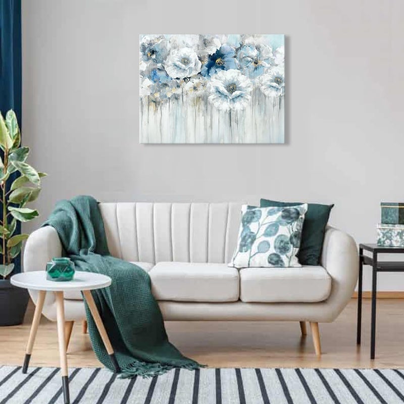 Woxfcart Abstract Flower Pictures Decor Wall Art - White Floral Canvas Print with Gold for Blue Bedroom Bathroom, Framed Size 32x24 - Image 5