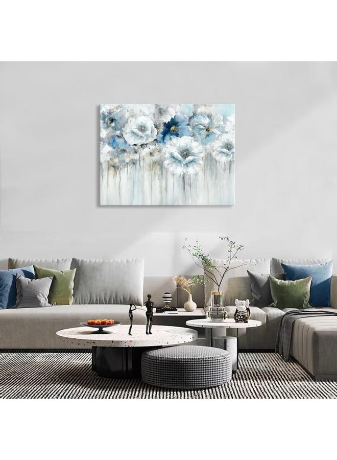 Woxfcart Abstract Flower Pictures Decor Wall Art - White Floral Canvas Print with Gold for Blue Bedroom Bathroom, Framed Size 32x24 - Image 2