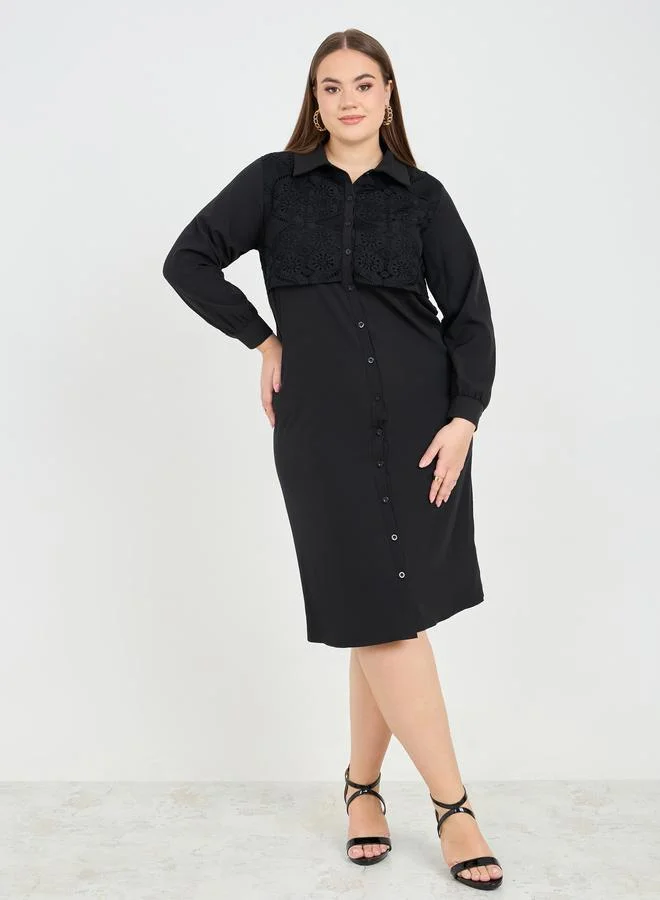Styli Styli Plus Lace Detail Shirt Midi Dress