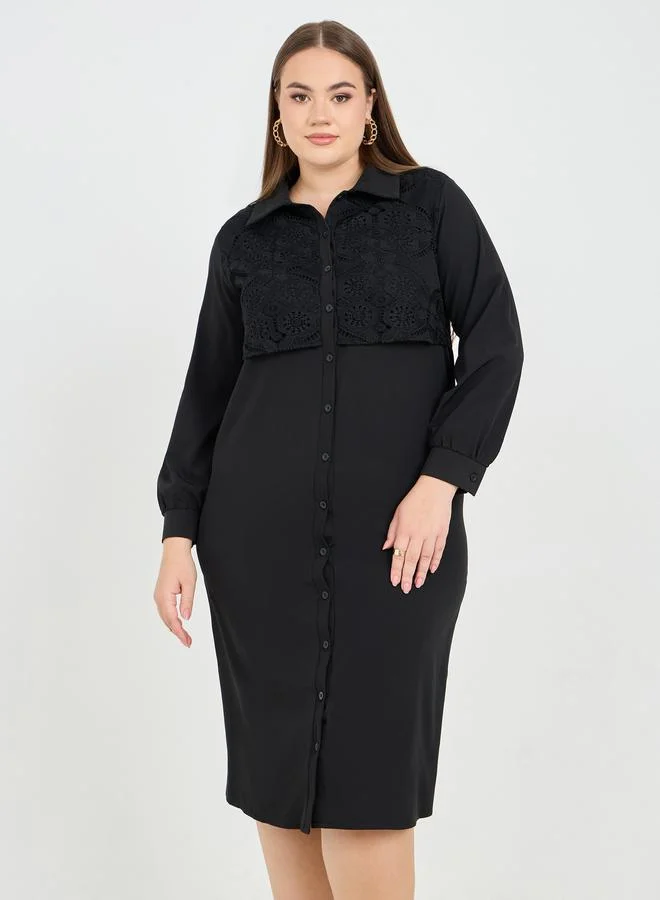 Styli Styli Plus Lace Detail Shirt Midi Dress
