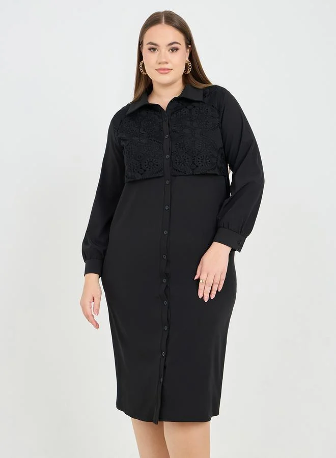 Styli Styli Plus Lace Detail Shirt Midi Dress