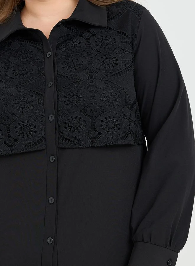 Styli Styli Plus Lace Detail Shirt Midi Dress