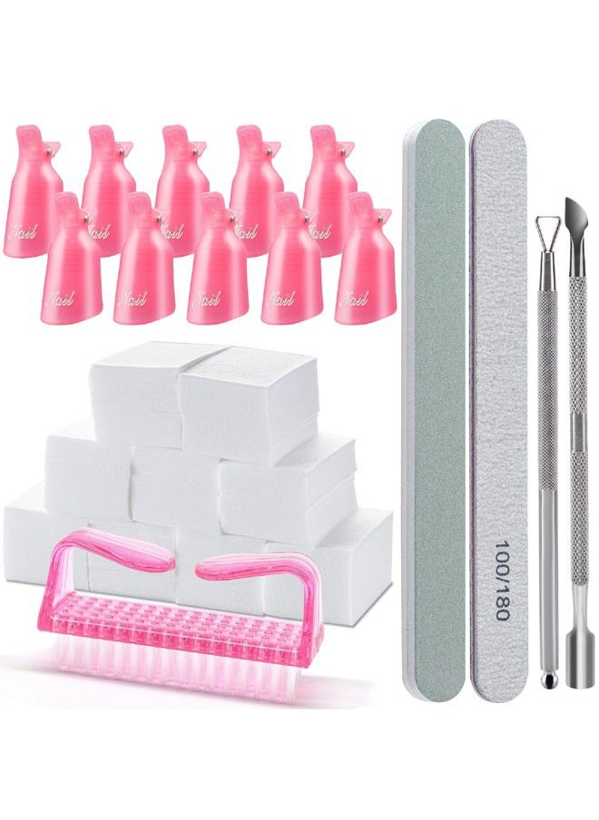 Hoewina - Gel Nail Polish Remover Tools Kit, with 10 Pcs Nail Clips, 400 Pcs Lint Free Nail Wipes, Nail Files 100/180, Buffer Block 400/4000, Nail Brush, Cuticle Pusher, Cuticle Peeler (Pink) - Image 1