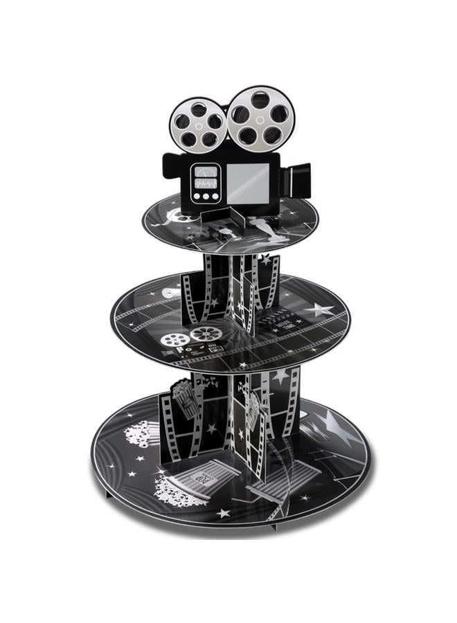 Zopeal حامل كعك حفلة ليلة الفيلم ذو 3 طبقات - حامل كعك من الكرتون لبطاقات الأفلام - زينة عيد ميلاد لليلة السينما - لوازم الحلويات لحفلة ذات طابع سينمائي (أسود وأبيض) - Image 1