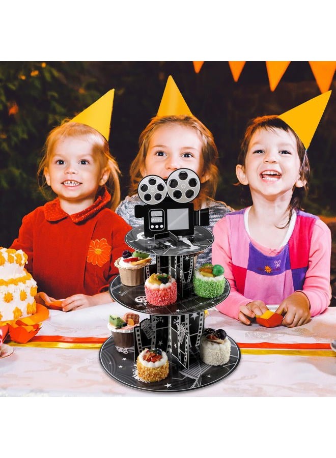 Zopeal حامل كعك حفلة ليلة الفيلم ذو 3 طبقات - حامل كعك من الكرتون لبطاقات الأفلام - زينة عيد ميلاد لليلة السينما - لوازم الحلويات لحفلة ذات طابع سينمائي (أسود وأبيض) - Image 5