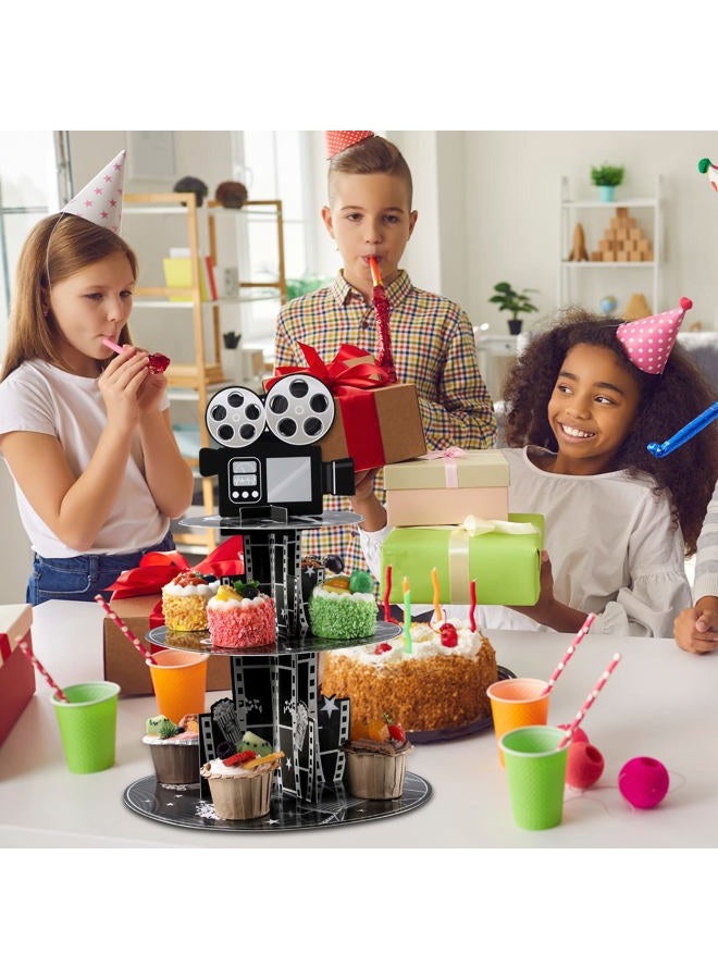 Zopeal حامل كعك حفلة ليلة الفيلم ذو 3 طبقات - حامل كعك من الكرتون لبطاقات الأفلام - زينة عيد ميلاد لليلة السينما - لوازم الحلويات لحفلة ذات طابع سينمائي (أسود وأبيض) - Image 4