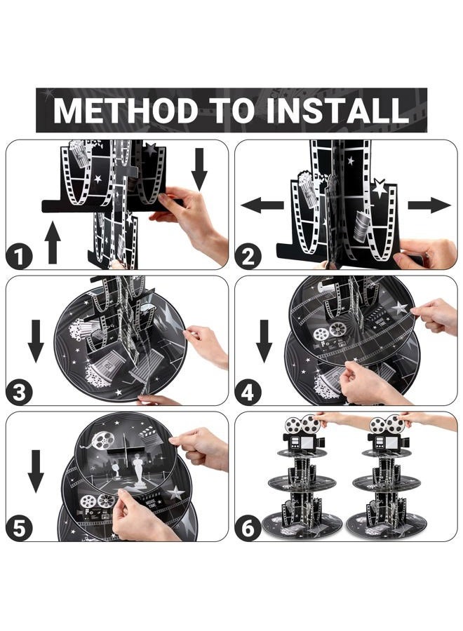 Zopeal حامل كعك حفلة ليلة الفيلم ذو 3 طبقات - حامل كعك من الكرتون لبطاقات الأفلام - زينة عيد ميلاد لليلة السينما - لوازم الحلويات لحفلة ذات طابع سينمائي (أسود وأبيض) - Image 3