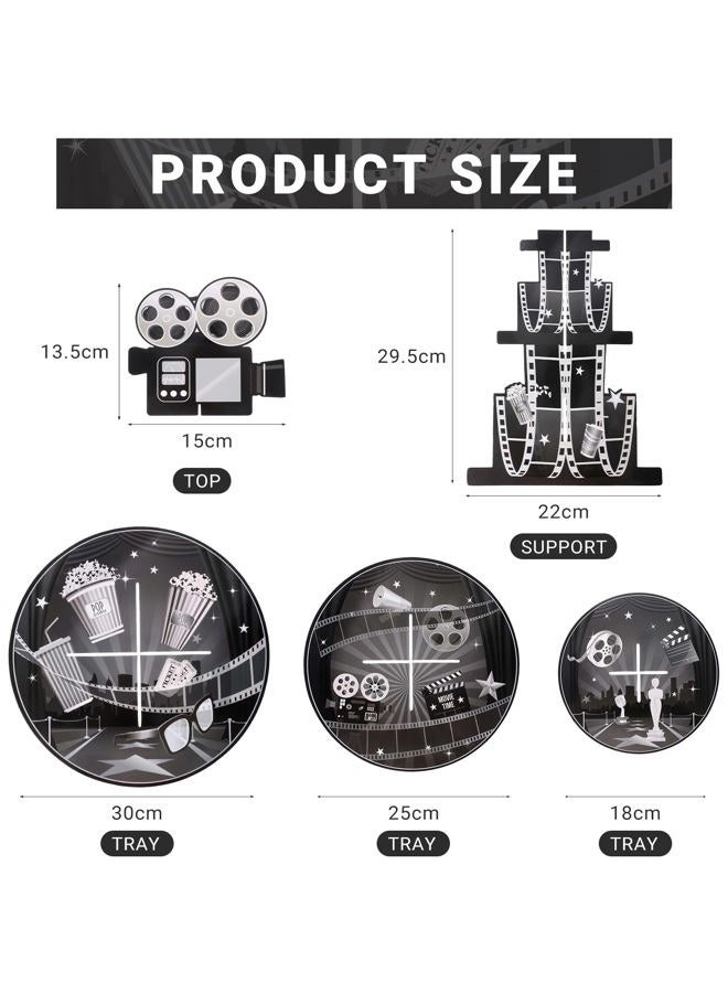 Zopeal حامل كعك حفلة ليلة الفيلم ذو 3 طبقات - حامل كعك من الكرتون لبطاقات الأفلام - زينة عيد ميلاد لليلة السينما - لوازم الحلويات لحفلة ذات طابع سينمائي (أسود وأبيض) - Image 2
