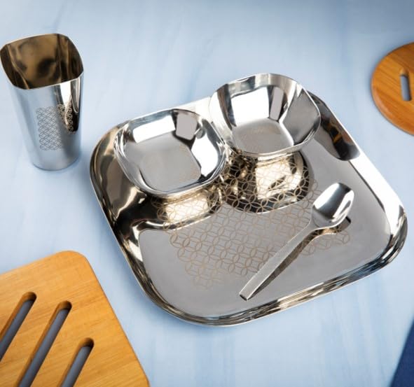 Ramson Ramson Stainless Steel Dinner Set 5pcs, Square | 1 Thali Plate, 1 Bowl, 1 Pudding, 1 Spoon, 1 Glass | Steel Lunch Thali Set - Ring Design  - Image 1