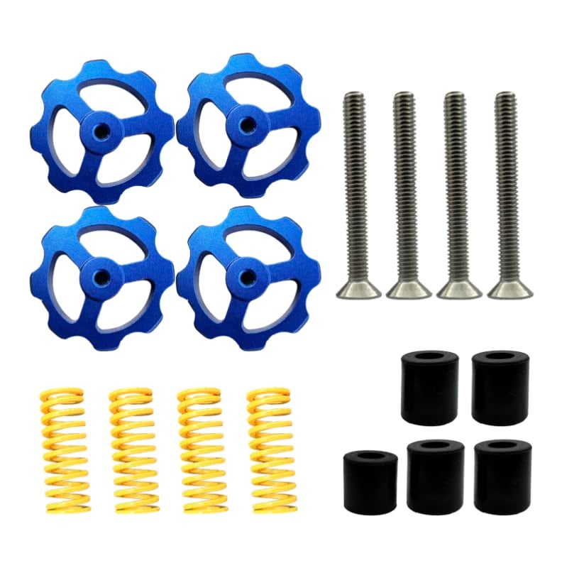 TIOPY 17 Pcs 3D Printer Hotbed Leveling Kit,4 pcs Blue Aluminum Hand Twist Leveling Nut,4 pcs Upgrade Springs, 4 pcs Screws,5 pcs Hot Bed Silicone Leveling Column Mounts for Ender 3/3 Pro - Image 1