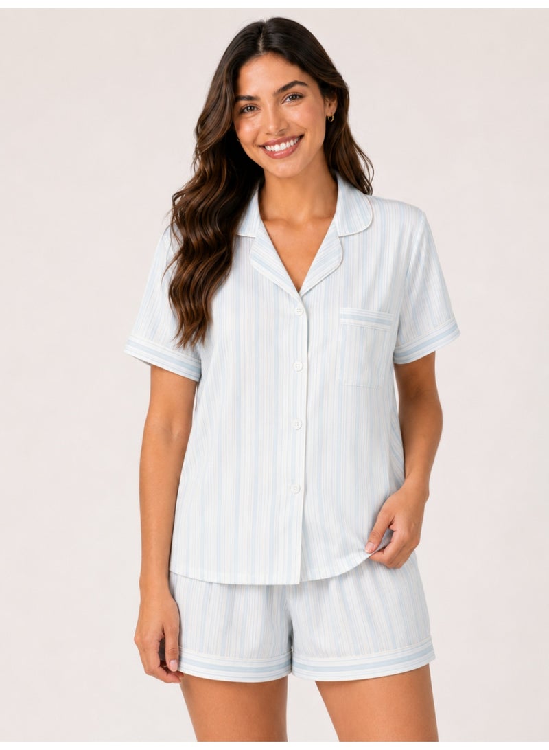 Women’s Satin-Like Pajama Set, Short Sleeve Button Shirt & Shorts, Light Blue Striped Sleepwear - Image 1