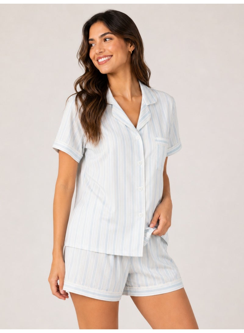 Women’s Satin-Like Pajama Set, Short Sleeve Button Shirt & Shorts, Light Blue Striped Sleepwear - Image 3