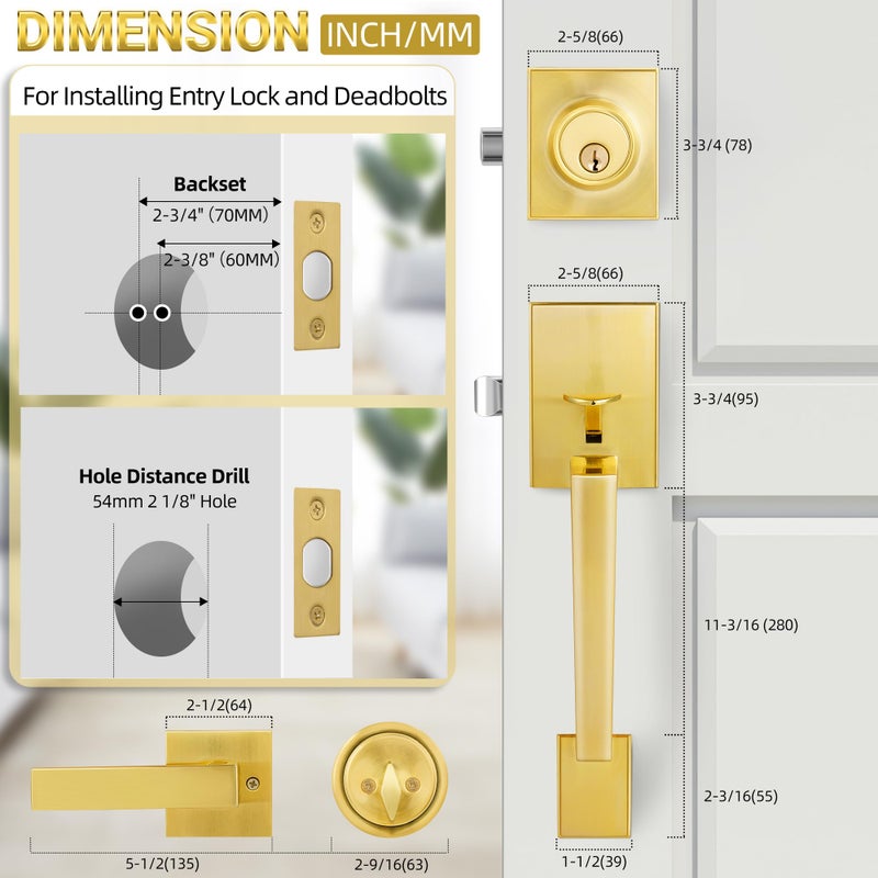 Azdele Front Door Handle And Deadbolt Set  Front Door Lock Set  Exterior Door Lock Set  Front Door Handle With Single Cylinder Deadbolt For Exterior Door  Reversible For Right&Left(Gold Modern) - Image 3
