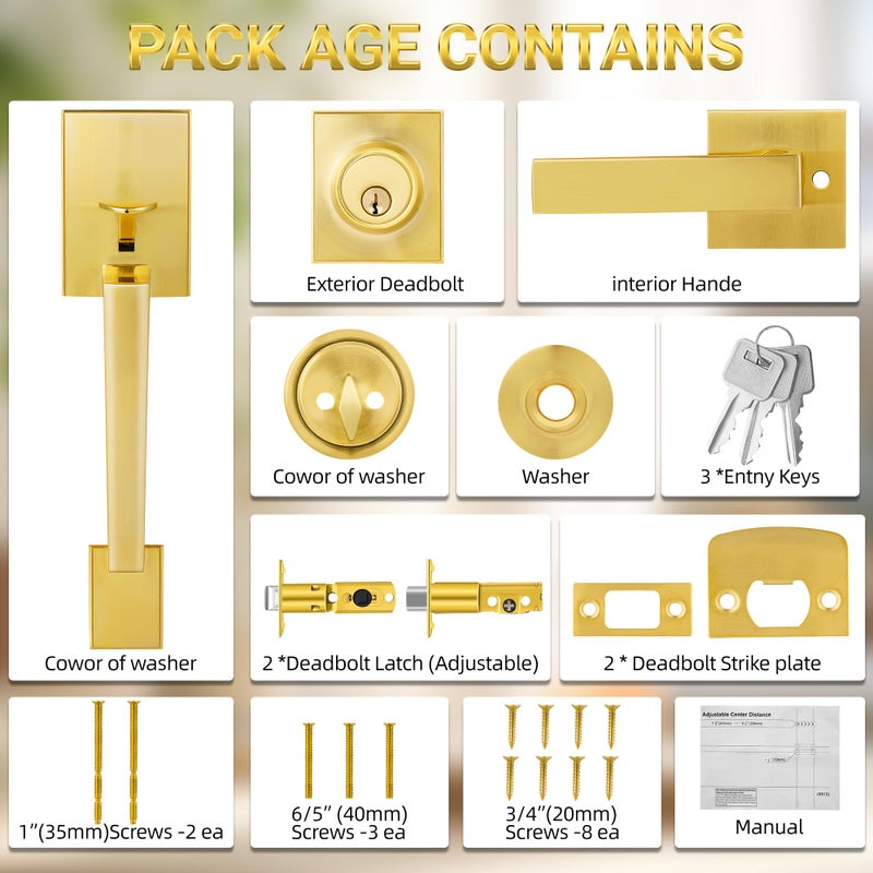 Azdele Front Door Handle And Deadbolt Set  Front Door Lock Set  Exterior Door Lock Set  Front Door Handle With Single Cylinder Deadbolt For Exterior Door  Reversible For Right&Left(Gold Modern) - Image 5