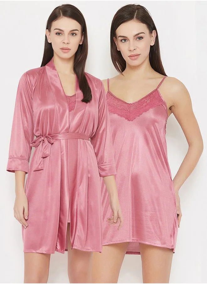 Clovia Lace Insert Slip Dress & Robe Set by Styli
