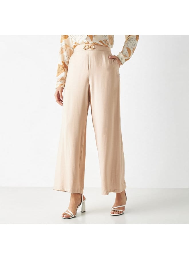 Iconic Iconic Buckle Detail Wide Leg Pants with Zip Closure and Pockets  - Image 1