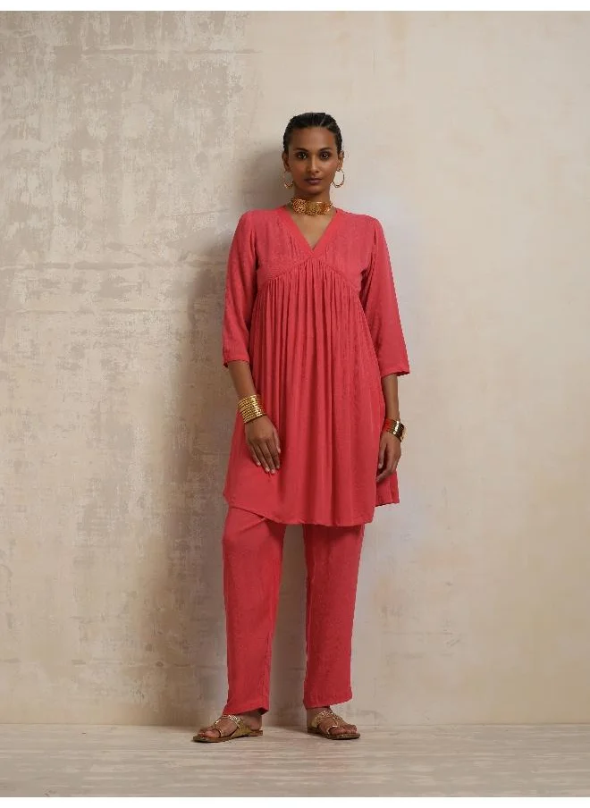 ترو برونز trueBrowns Peach Crinkle Flared Kurta Co-ord Set