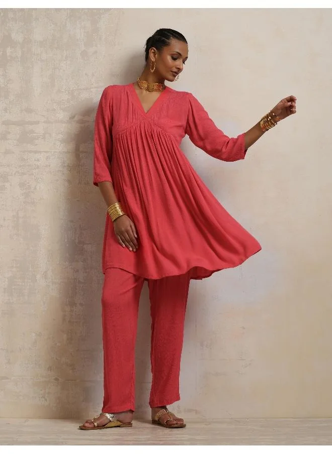 ترو برونز trueBrowns Peach Crinkle Flared Kurta Co-ord Set
