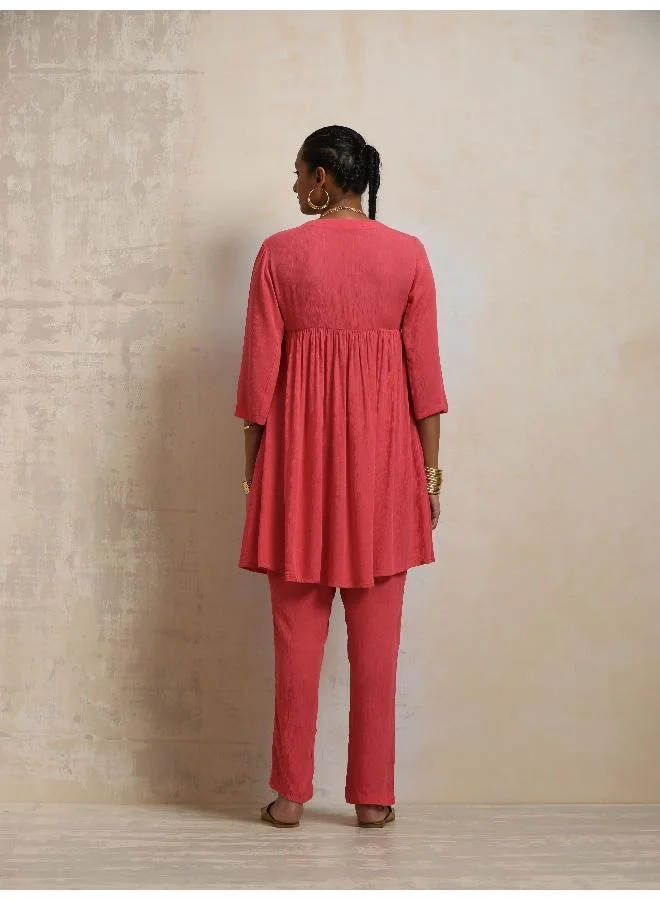 trueBrowns Peach Crinkle Flared Kurta Co-ord Set