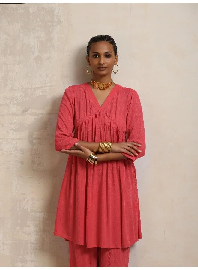 trueBrowns Peach Crinkle Flared Kurta Co-ord Set