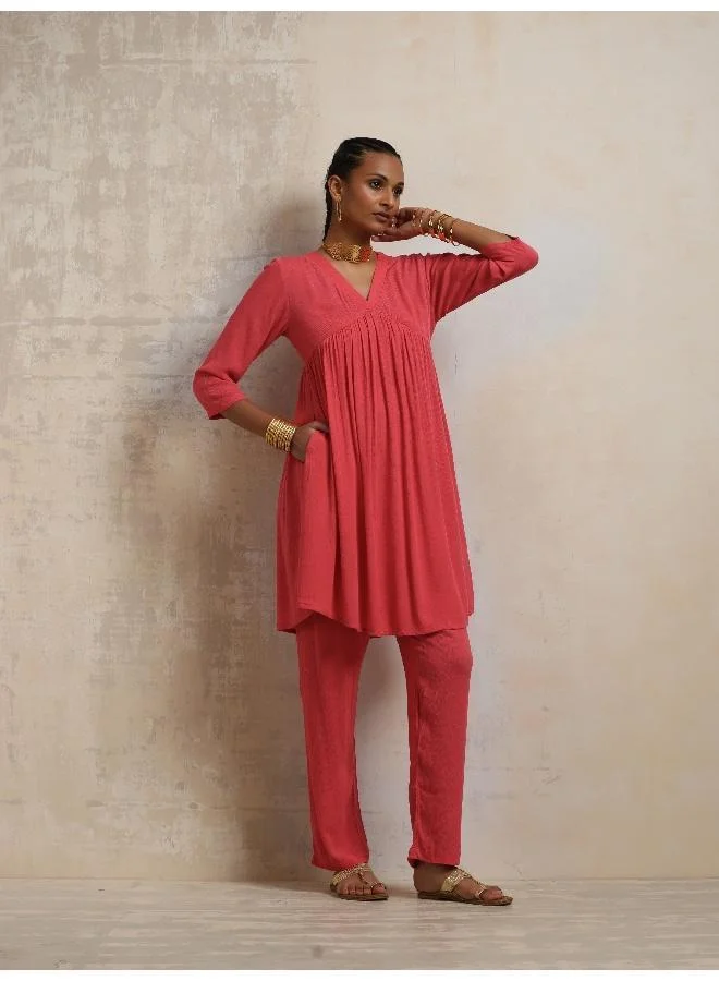 trueBrowns Peach Crinkle Flared Kurta Co-ord Set