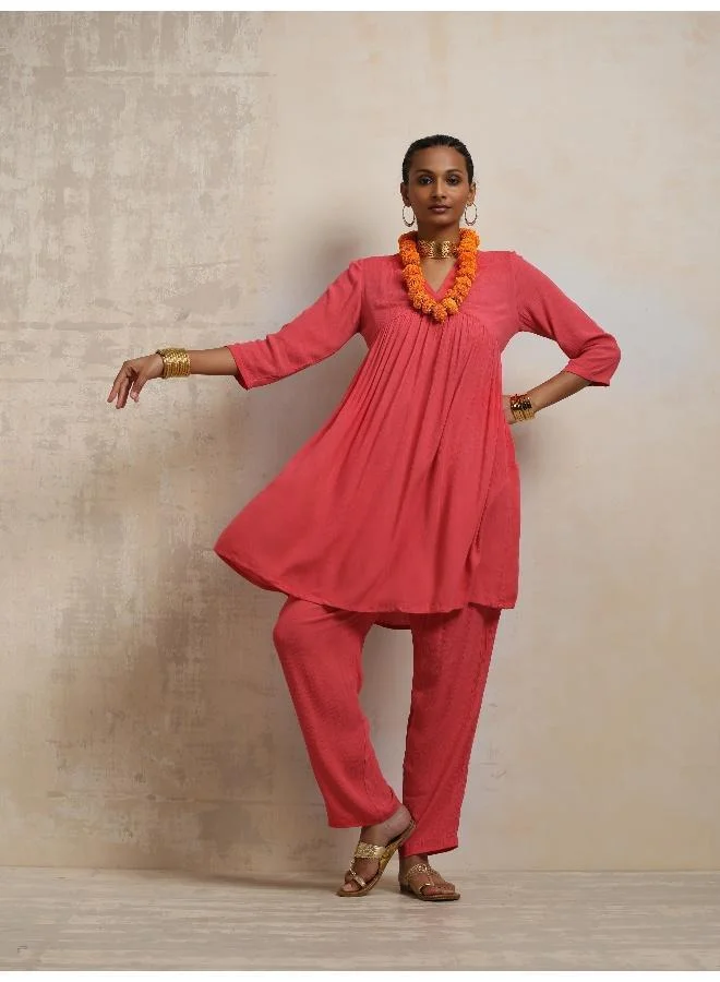 trueBrowns Peach Crinkle Flared Kurta Co-ord Set