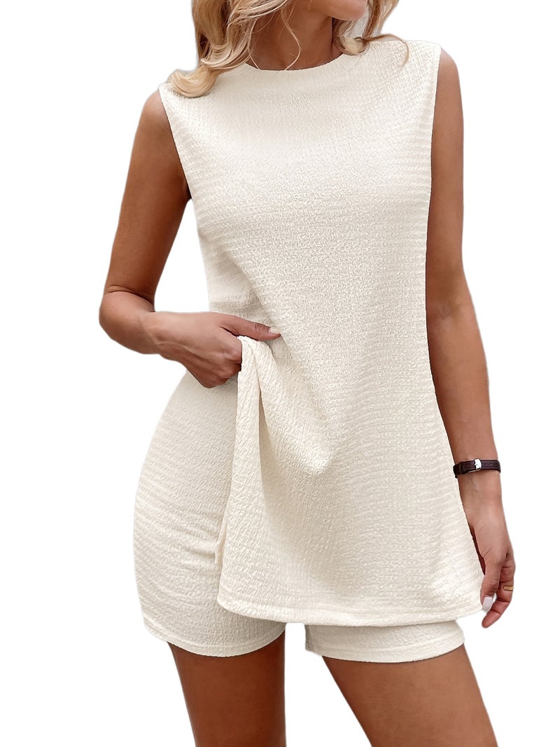 2pcs Women's Casual Side-Split Long Top and Shorts Set, Summer 2pcs Set - Image 1