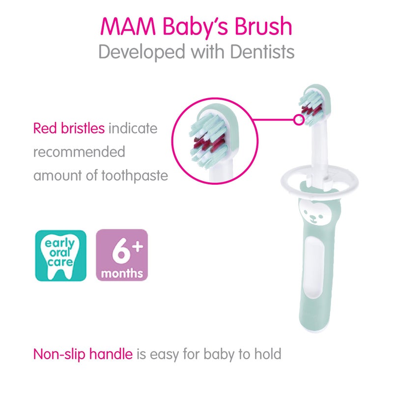 MAM Baby Toothbrushes (2 Baby's Brushes and 1 Safety Shield), Toothbrushes with Brushy The Bear Character, Interactive App, for Girls 6+ Months, Pink - Image 3