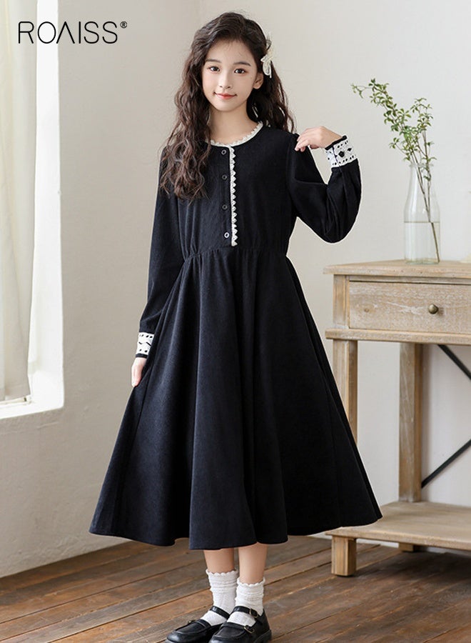 رويس فستان بناتي رجعي بياقة من الدانتيل، فستان أميرة أنيق وأنيق للبنات، فستان بأكمام طويلة وأزرار، مناسب للارتداء اليومي أو أي مناسبة - Image 1