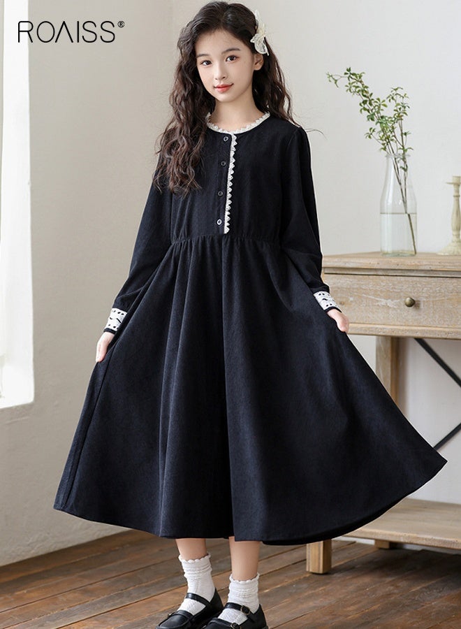 رويس فستان بناتي رجعي بياقة من الدانتيل، فستان أميرة أنيق وأنيق للبنات، فستان بأكمام طويلة وأزرار، مناسب للارتداء اليومي أو أي مناسبة - Image 2