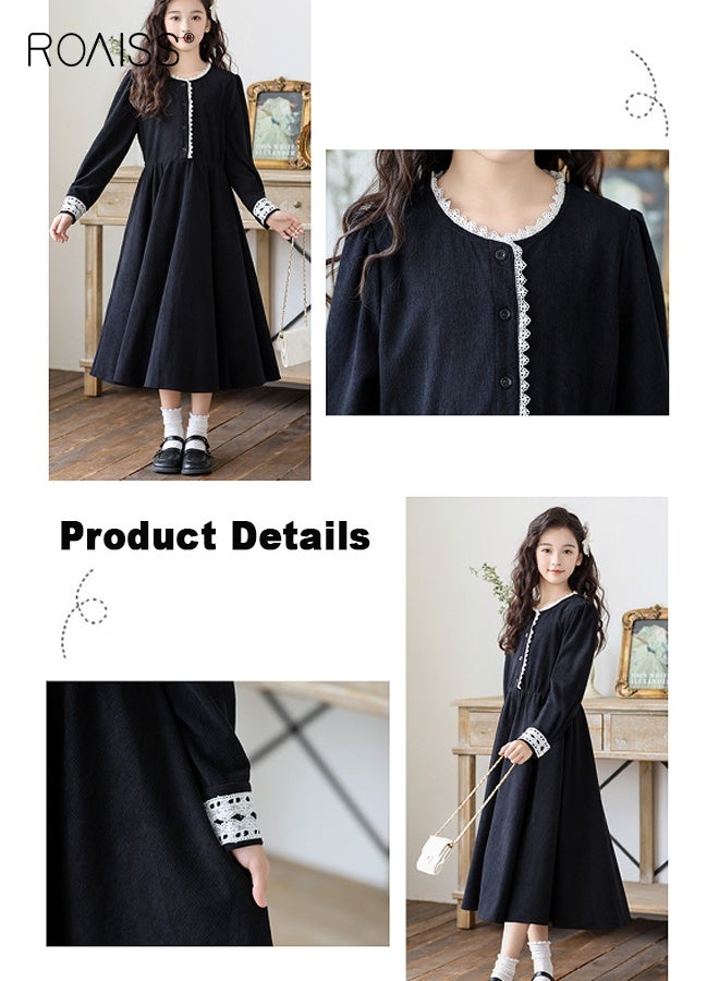 رويس فستان بناتي رجعي بياقة من الدانتيل، فستان أميرة أنيق وأنيق للبنات، فستان بأكمام طويلة وأزرار، مناسب للارتداء اليومي أو أي مناسبة - Image 3