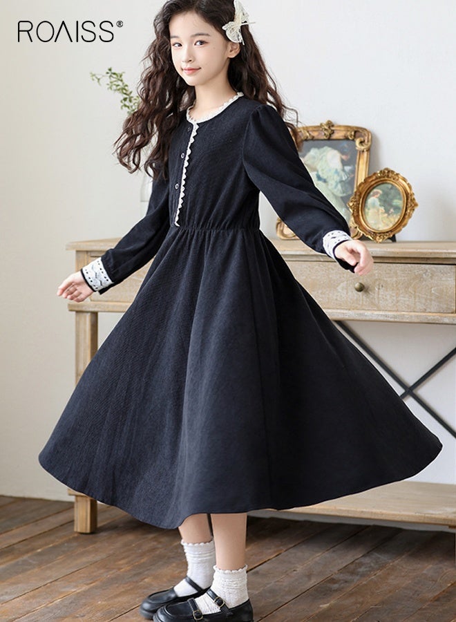 رويس فستان بناتي رجعي بياقة من الدانتيل، فستان أميرة أنيق وأنيق للبنات، فستان بأكمام طويلة وأزرار، مناسب للارتداء اليومي أو أي مناسبة - Image 4