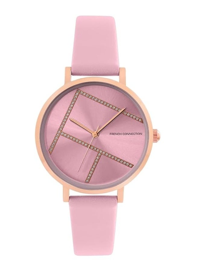 French Connection ساعة أنالوج للنساء بقرص وردي وحزام جلد وردي 34 مم - Image 1