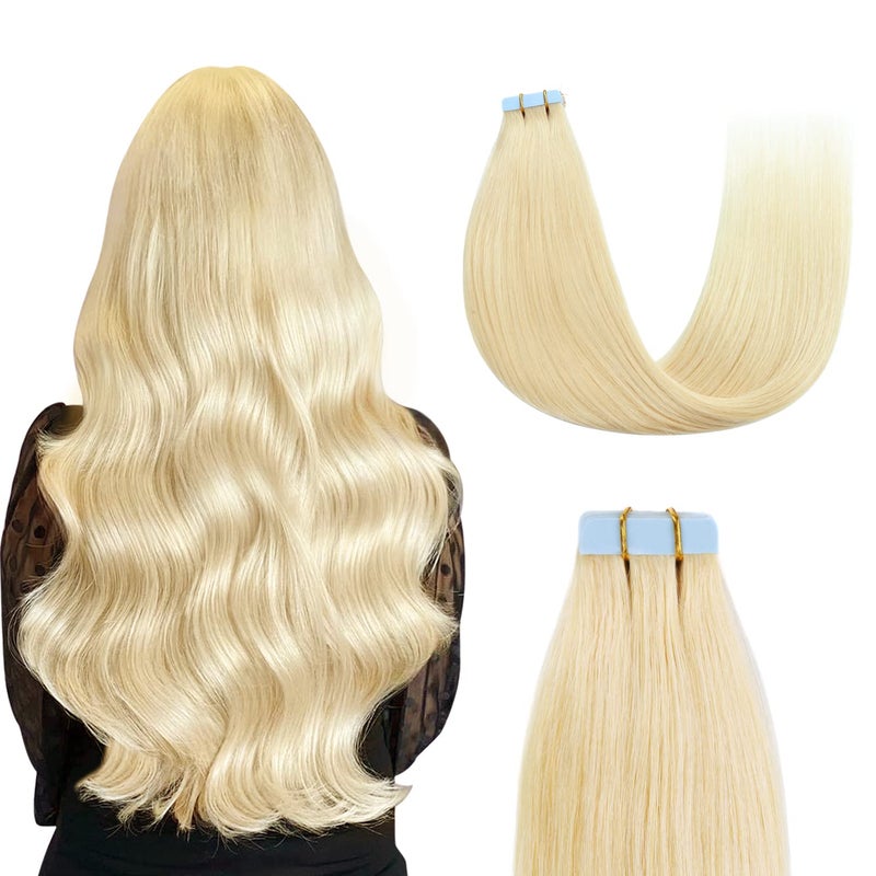 Sunya Tape in Hair Extensions 16 inches Silky Straight Remy Human Hair Seamless Skin Weft Tape in Real Human Hair Extensions 16 inches 613 Bleach Blonde 40 Gram 20PcsPack Soft Hair