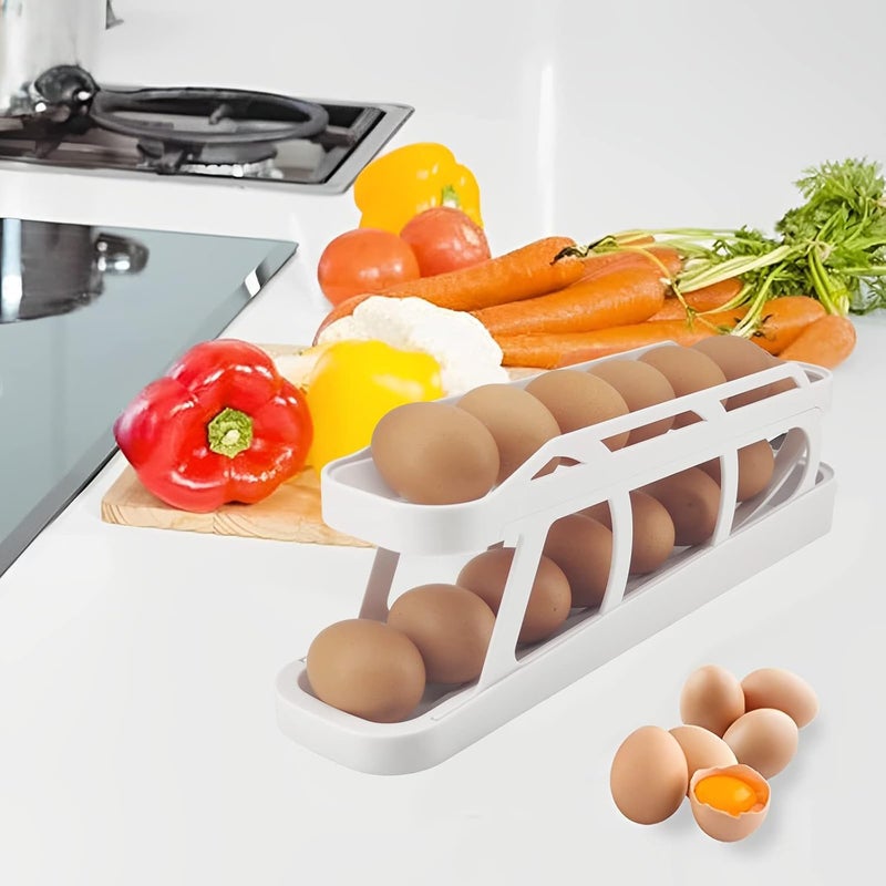 AVMPHD Egg Holder for Refrigerator 2 Tier Automatically Rolling Egg Storage Container AntiSlip Bottom Household Egg Holder for Fridge SpaceSaving Egg Tray for Refrigerator Countertop Cabinet - Image 2