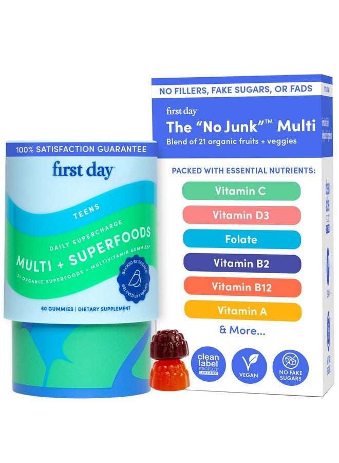 FIRST DAY Vitamins for Teens - Teen Multi Vitamins for Girls & Boys 12-17, Organic Fruit & Veggie Blend - 12 Key Nutrients: Vitamins A, B1, B2, B6, B9, B12, C, D3, E, K2-30 Day Supply - Image 1