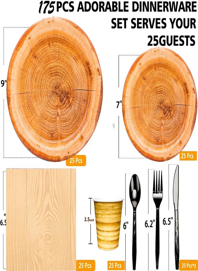 HSPAIDYP 175Pcs WoodGrain Party Supplies Camping Wood Slice Set 9"&7" WoodGrain Paper Plates Napkins Cup Knives Forks Spoons for CampFire Camping Woodland Animal Baby Shower Birthday Party Decor Serve25 - Image 3