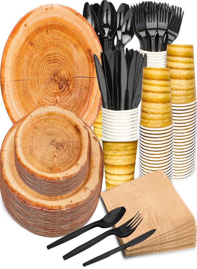 HSPAIDYP 175Pcs WoodGrain Party Supplies Camping Wood Slice Set 9"&7" WoodGrain Paper Plates Napkins Cup Knives Forks Spoons for CampFire Camping Woodland Animal Baby Shower Birthday Party Decor Serve25 - Image 1