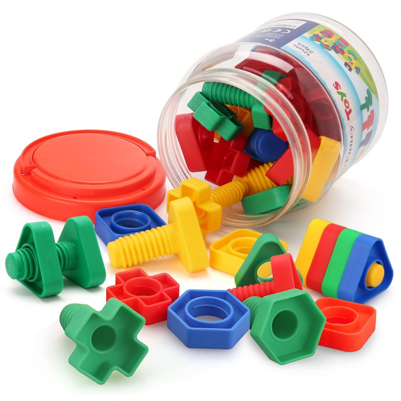 LotFancy Nuts and Bolts, 24pcs Fine Motor Skills Occupational Therapy Toys for Kids, Shapes and Colors Matching Toys, Montessori Building Construction Game with Storage Box for Baby and Toddlers - Image 1
