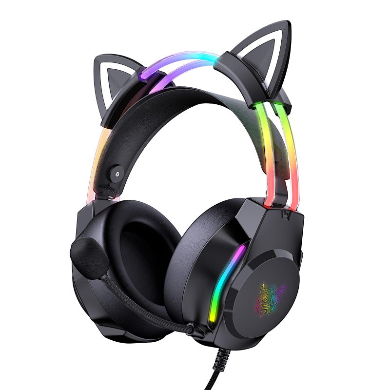 ONITOON Gaming Headset with Microphone, Cat Ear Headphones for PC Laptop PS4 PS5 Xbox Switch, Rainbow RGB Lighting & Virtual Surround Sound, 3.5mm Wired Over Ear Headphones, Ergonomic - Image 1