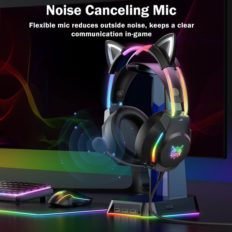 ONITOON Gaming Headset with Microphone, Cat Ear Headphones for PC Laptop PS4 PS5 Xbox Switch, Rainbow RGB Lighting & Virtual Surround Sound, 3.5mm Wired Over Ear Headphones, Ergonomic - Image 4