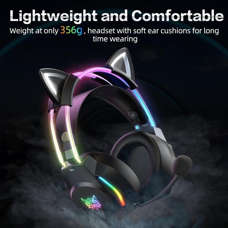 ONITOON Gaming Headset with Microphone, Cat Ear Headphones for PC Laptop PS4 PS5 Xbox Switch, Rainbow RGB Lighting & Virtual Surround Sound, 3.5mm Wired Over Ear Headphones, Ergonomic - Image 5